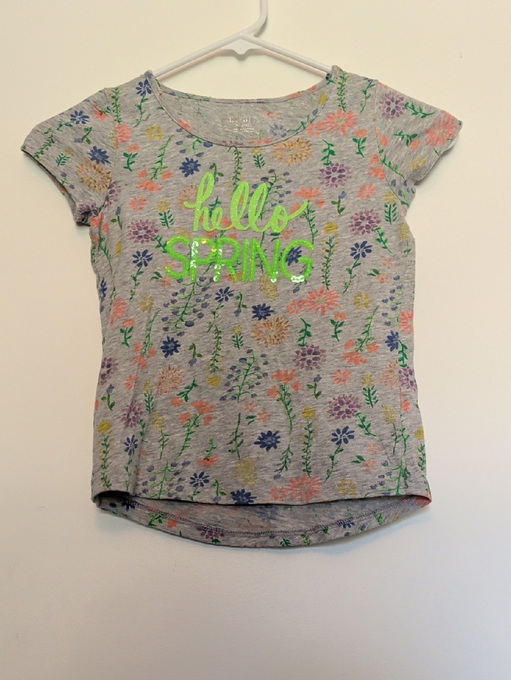 Cherokee Gray Floral Tee with Neon Green "Hello Spring"